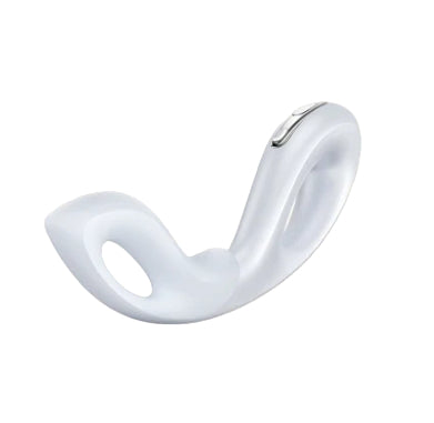 Blue curved object with a metallic clip on a white background